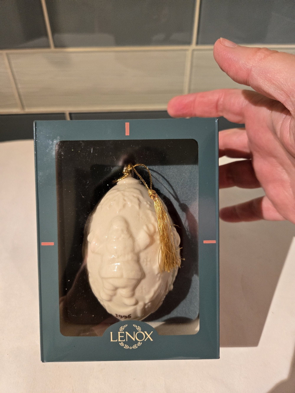 Lenox White Ceramic Santa Egg Ornament with Gold Tassel 1996